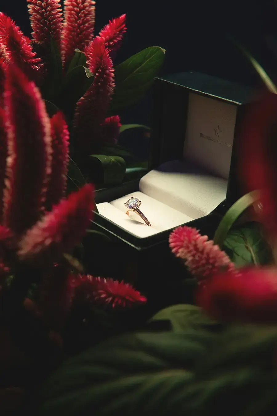 Bague de fiançailles sertie d'un diamant dans son écrin